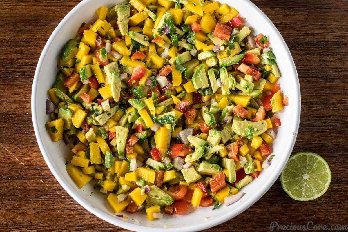 Mango Avocado Salsa in a white bowl
