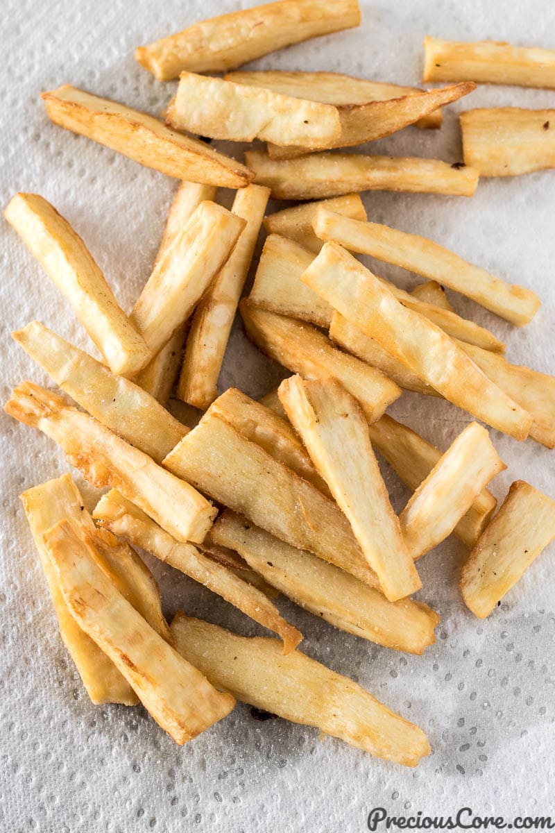 Yuca Fries on a paper towel.