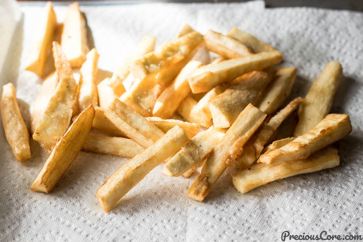 Yuca Fries on paper towels.