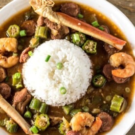 Seafood Gumbo and rice on a plate.