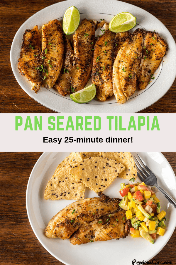 Collage of two photos of pan seared tilapia