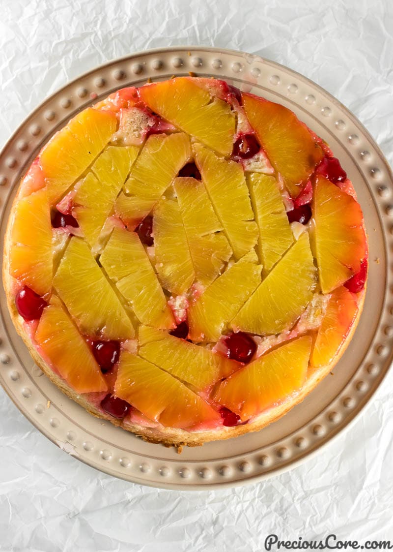 Pineapple Upside Down Cake on a Plate