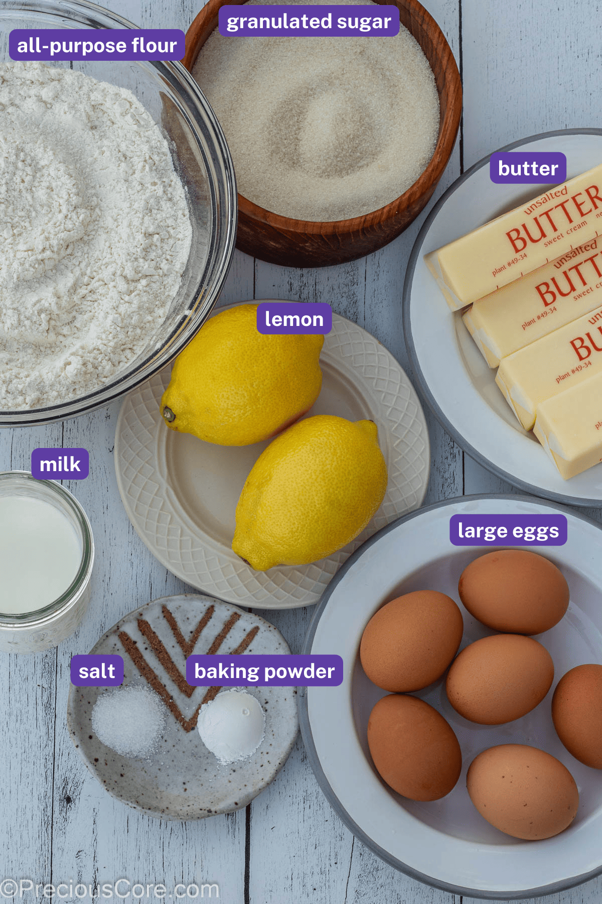 Ingredients for lemon pound cake with labels on them.