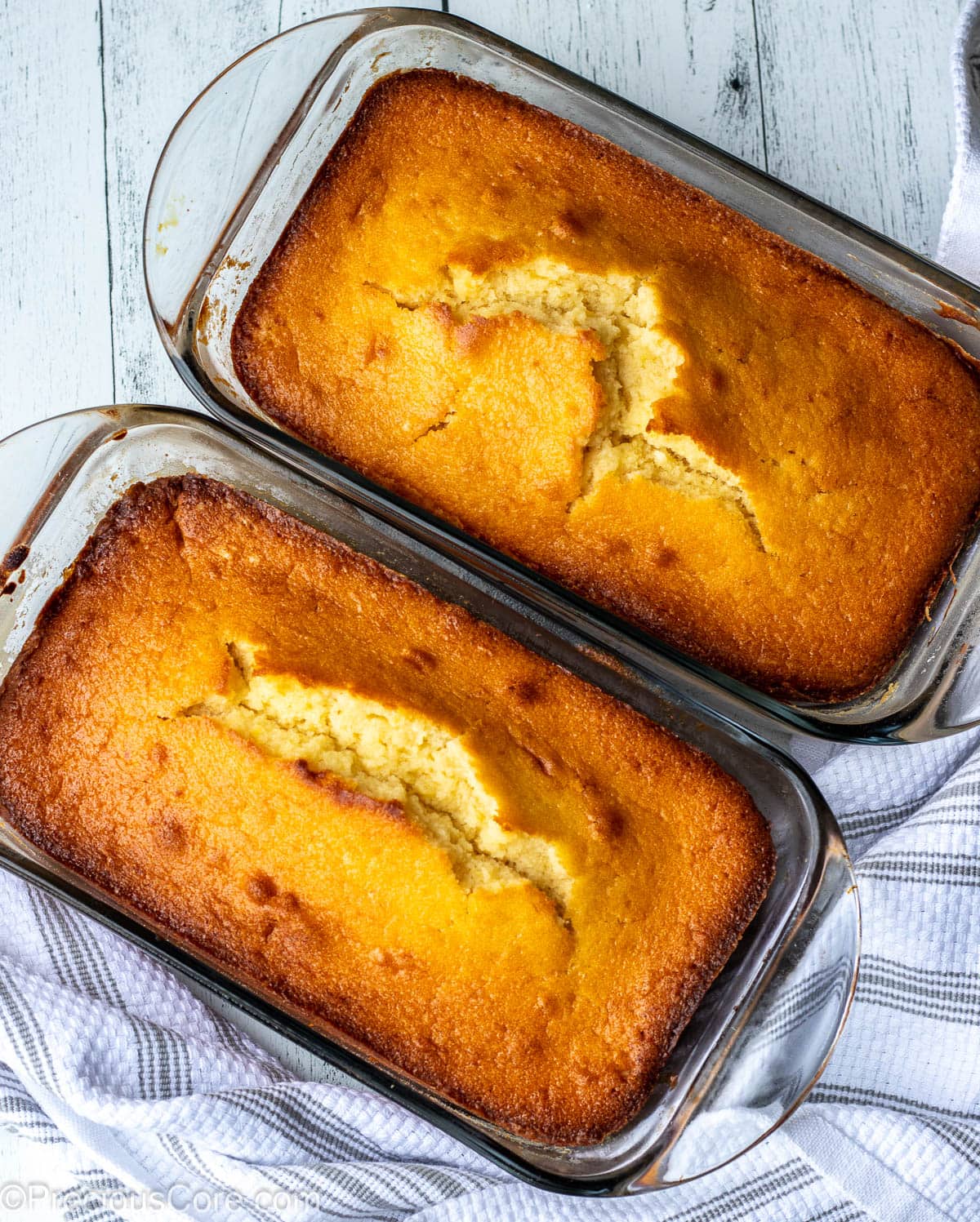 Two loaf pans of cake.