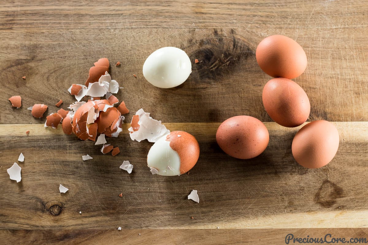 Perfect Hard Boiled Eggs on a chopping board