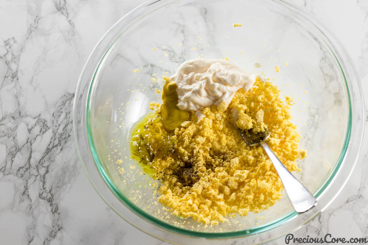 Deviled Eggs filling ingredients in a bowl