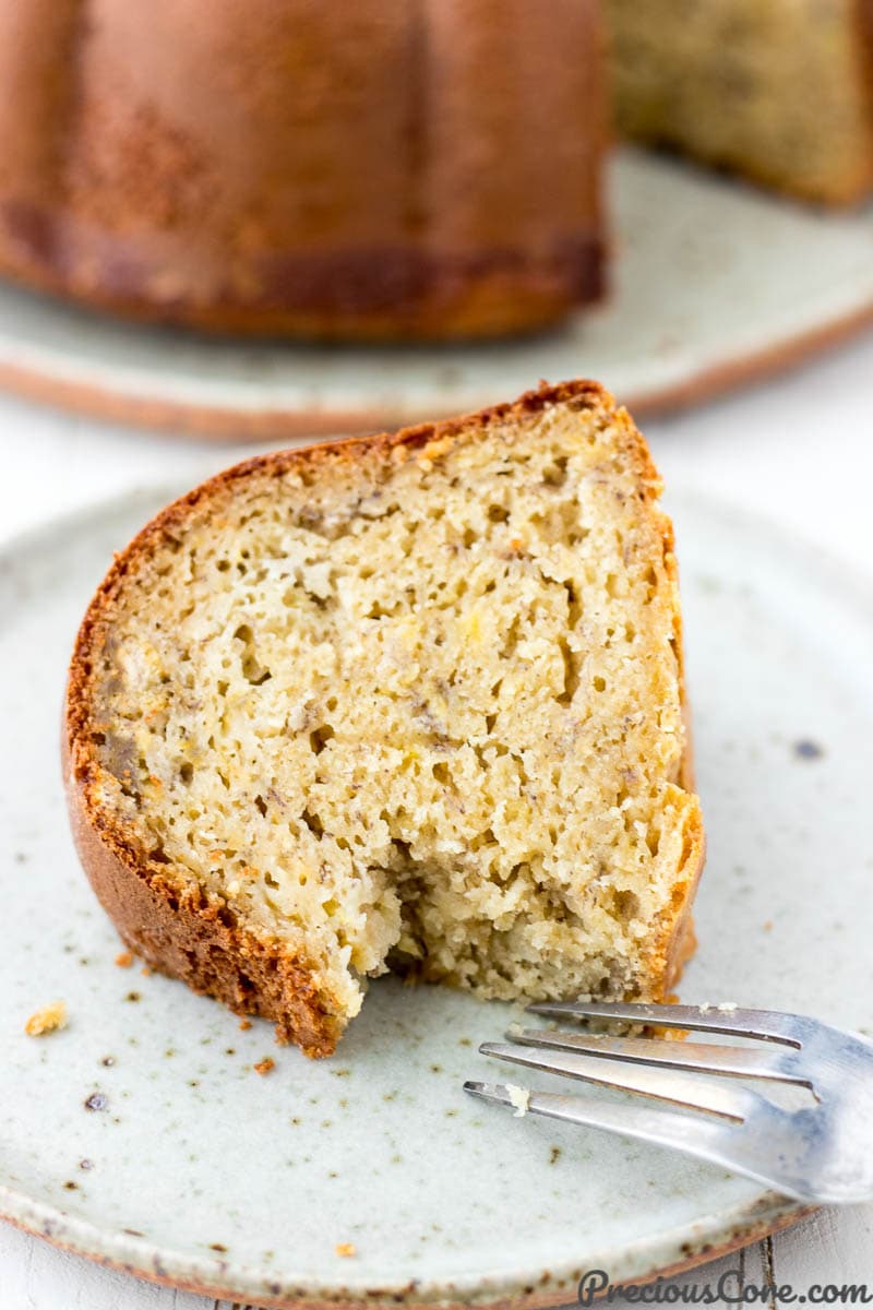 Plantain cake slice with fork on the side