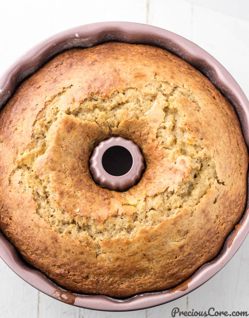 Cake in bundt pan with cracked top