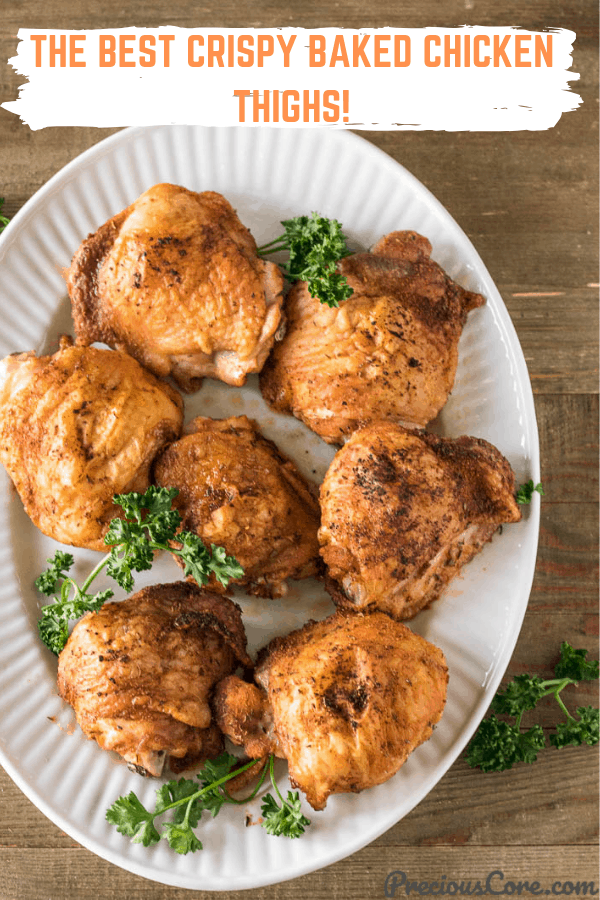 Picture of crispy chicken thighs with text on top