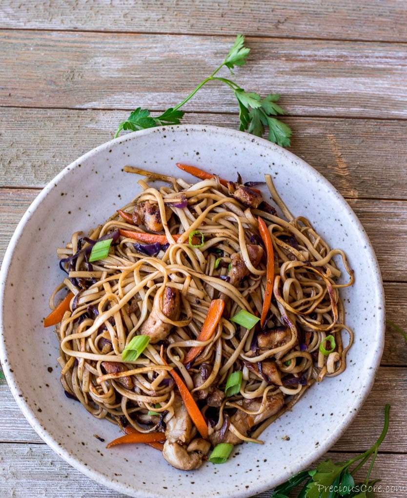 Noodle stir fry in a bowl.