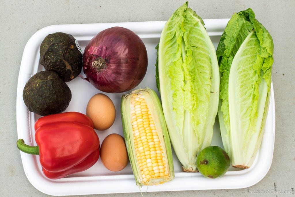 Vegetables and hard-boiled eggs on tray for chicken avocado salad