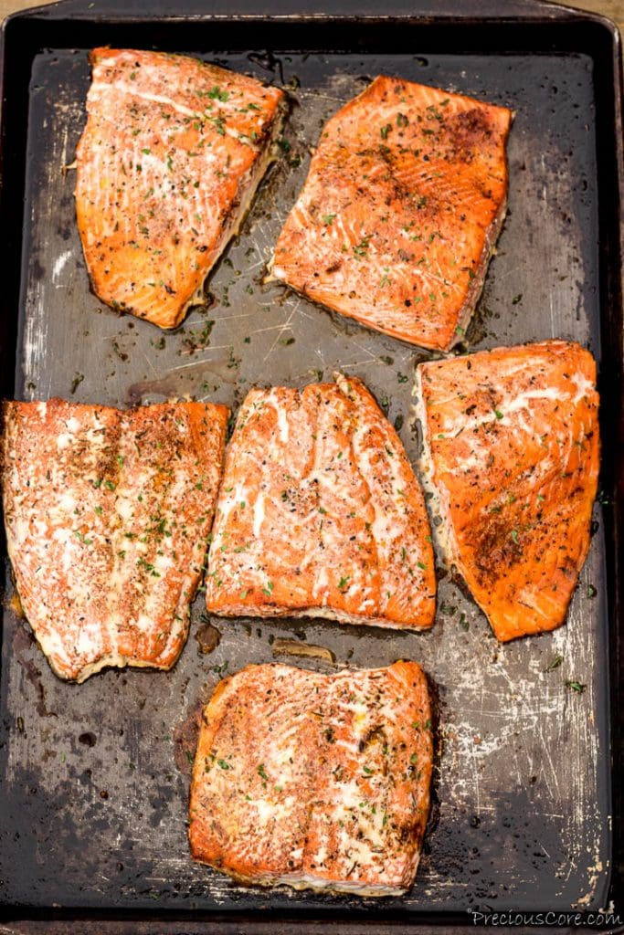 Baked Salmon on baking sheet