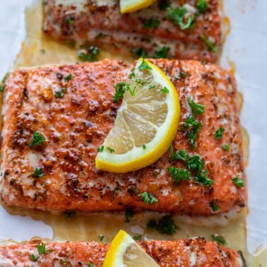 Square image of cajun salmon.