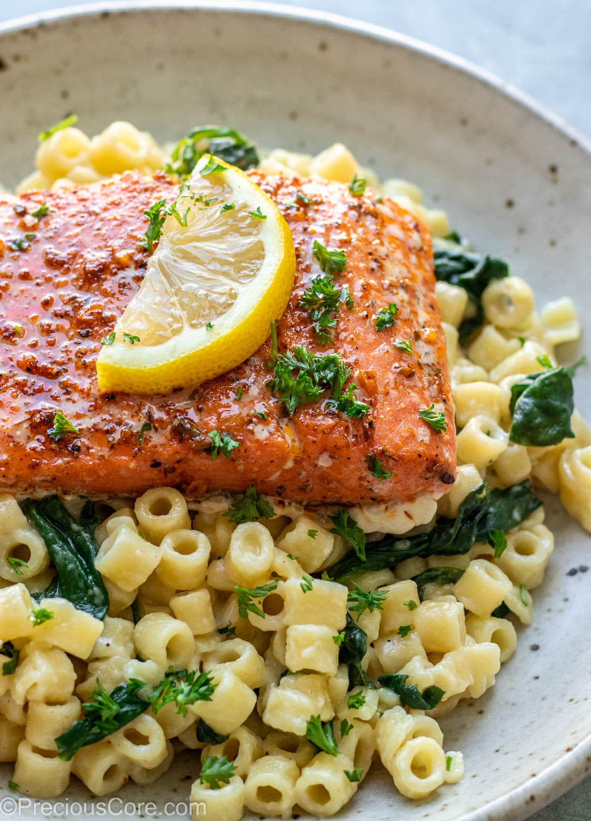 Cajun Salmon over pasta in a dish.