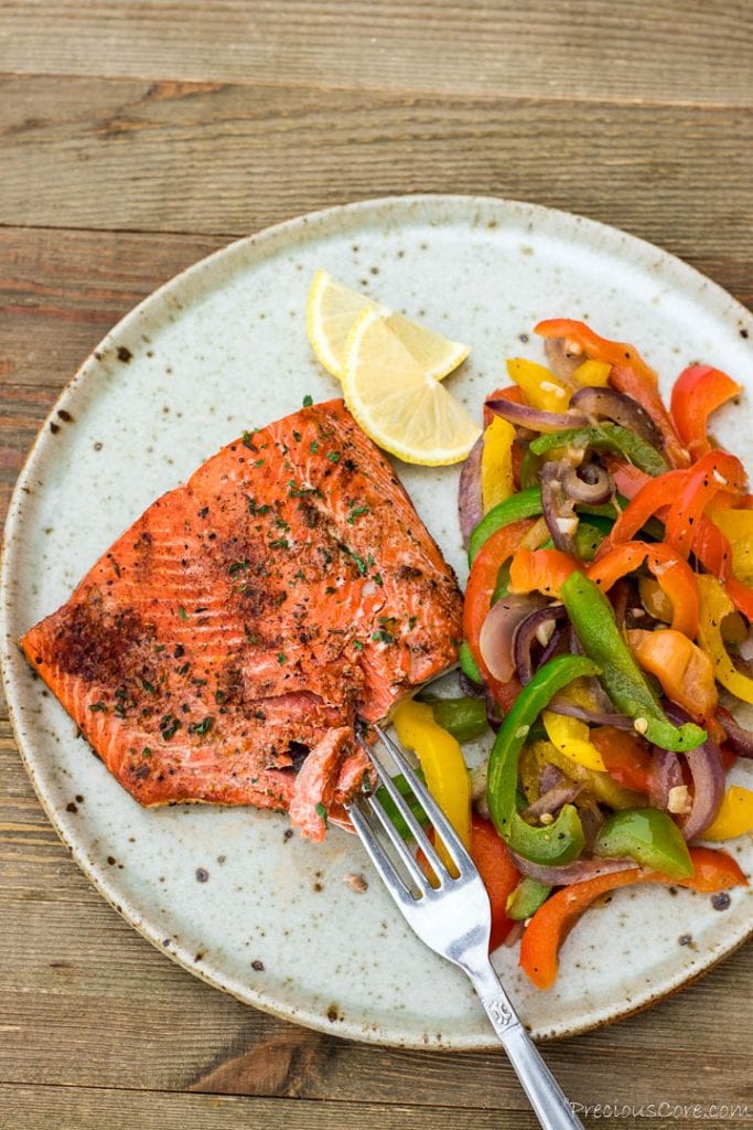 Sautted Peppers and salmon on plate