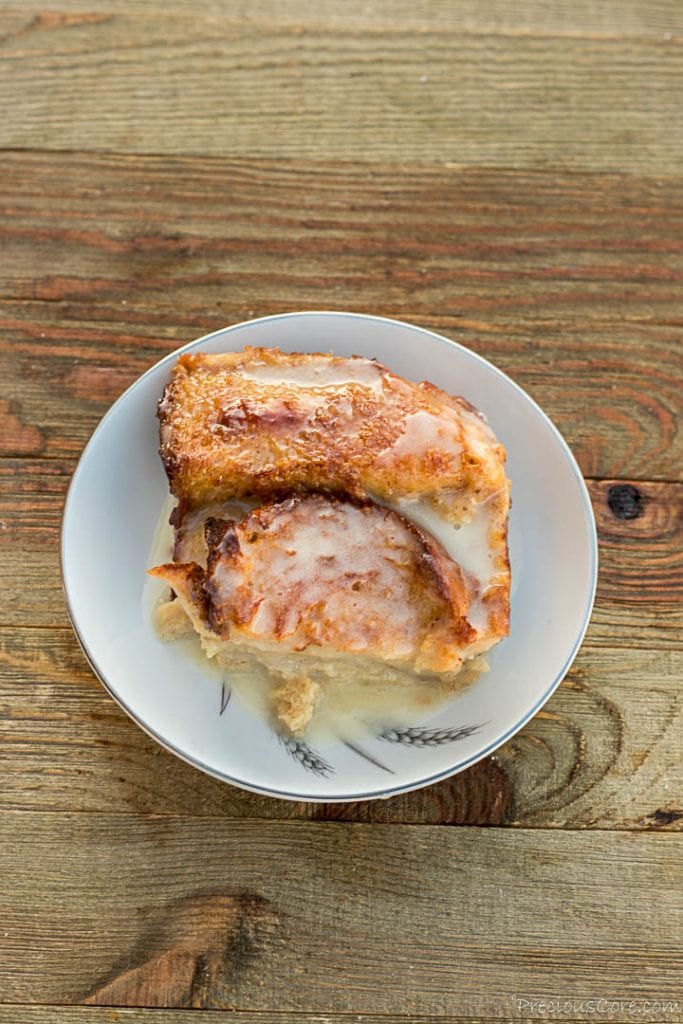 Serving of bread pudding on a dessert plate