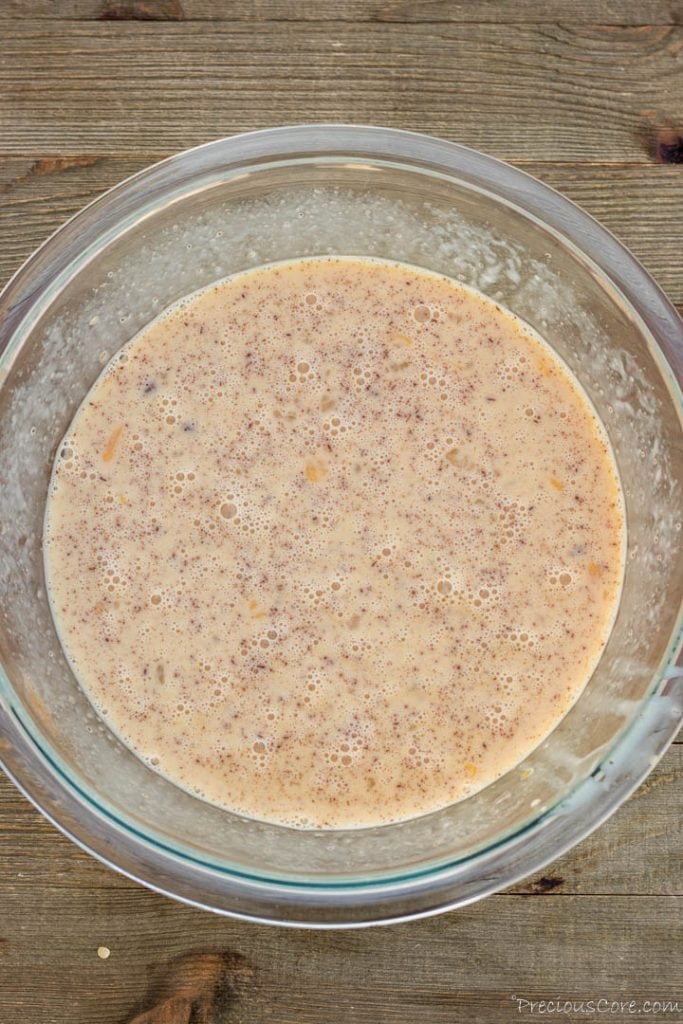 Egg mixture for bread pudding in a bowl