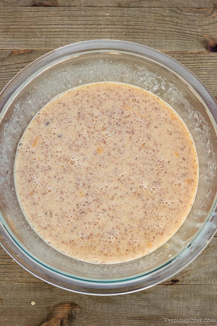 Egg mixture for bread pudding in a bowl