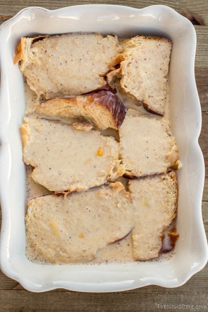 Bread resting in egg milk mixture