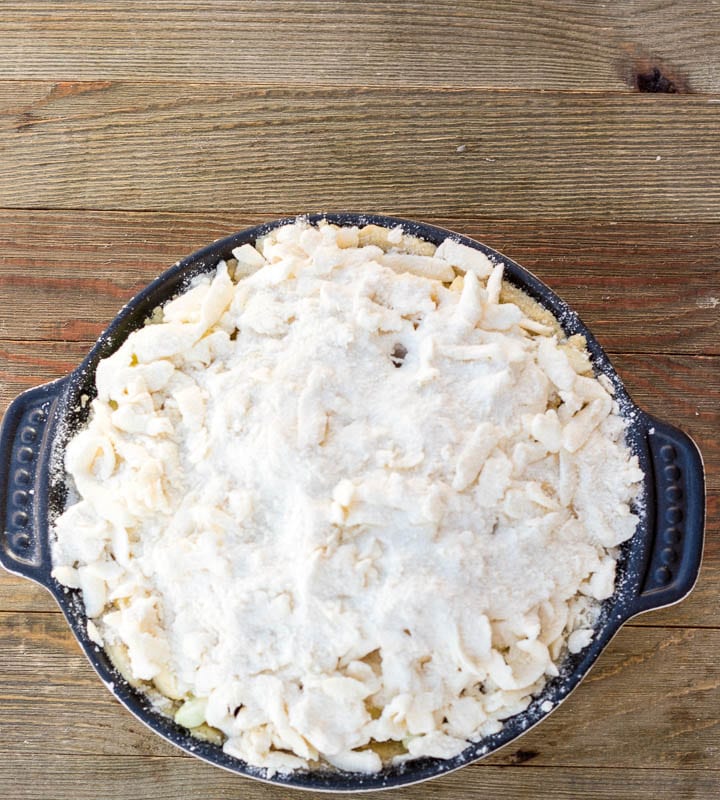 Apple pie topped with flour sugar butter mixture