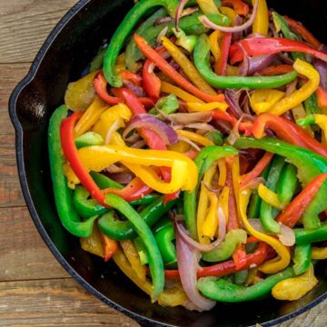 sauteed peppers in a cast iron skillet