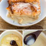 Collage of bread pudding sauce pictures
