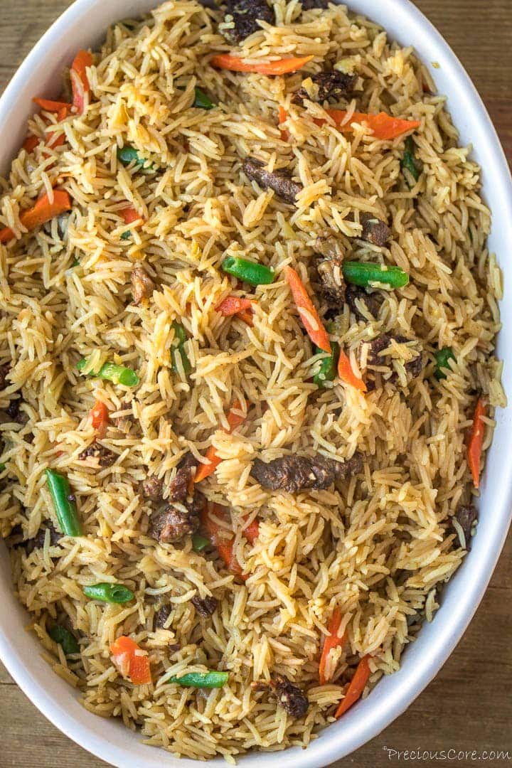 Beef Fried Rice in oval serving bowl.