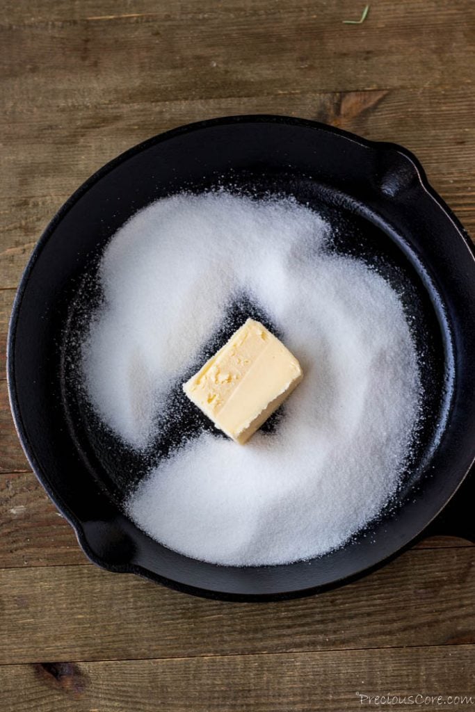 Butter and sugar in cast iron skillet