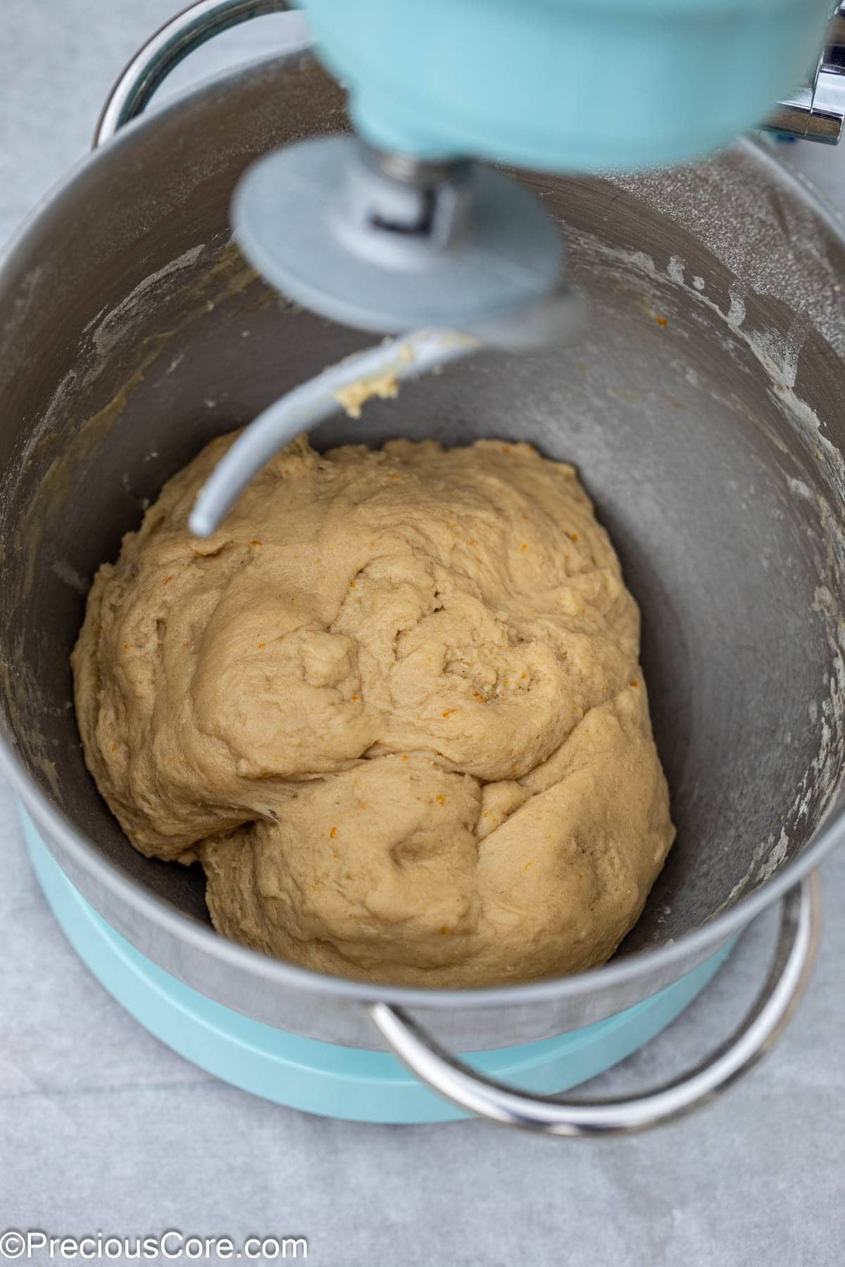 Dough in a stand mixer.