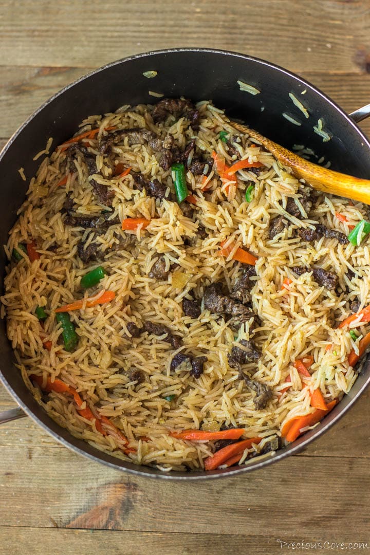 Beef fried rice in a pot.