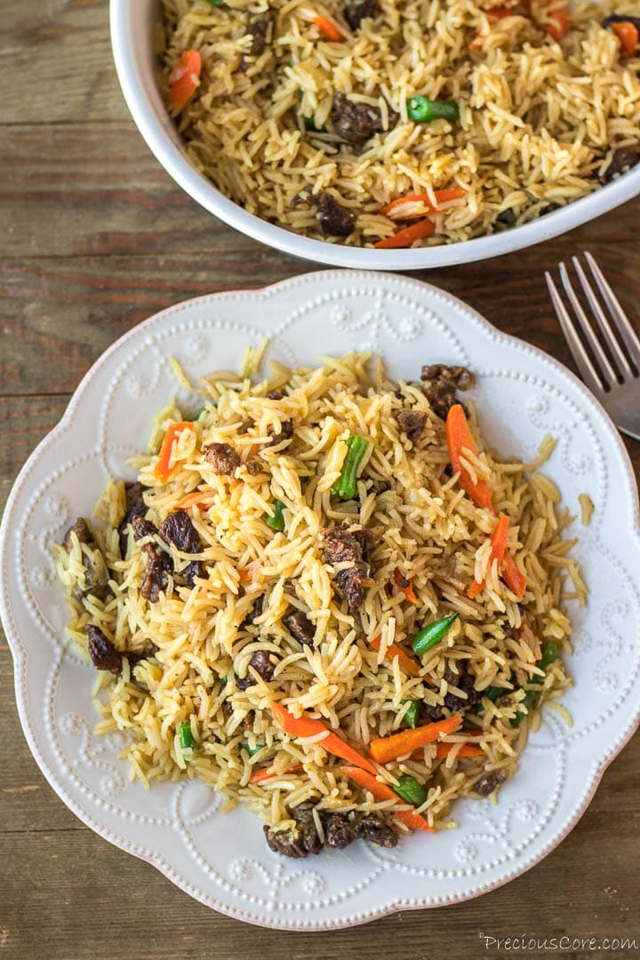 Plate of beef fried rice.