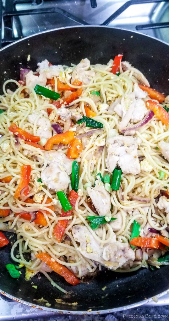 spaghetti stir fry in a pan