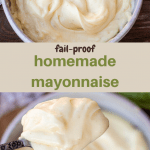 Homemade mayonnaise in a bowl, homemade mayonnaise on a spoon