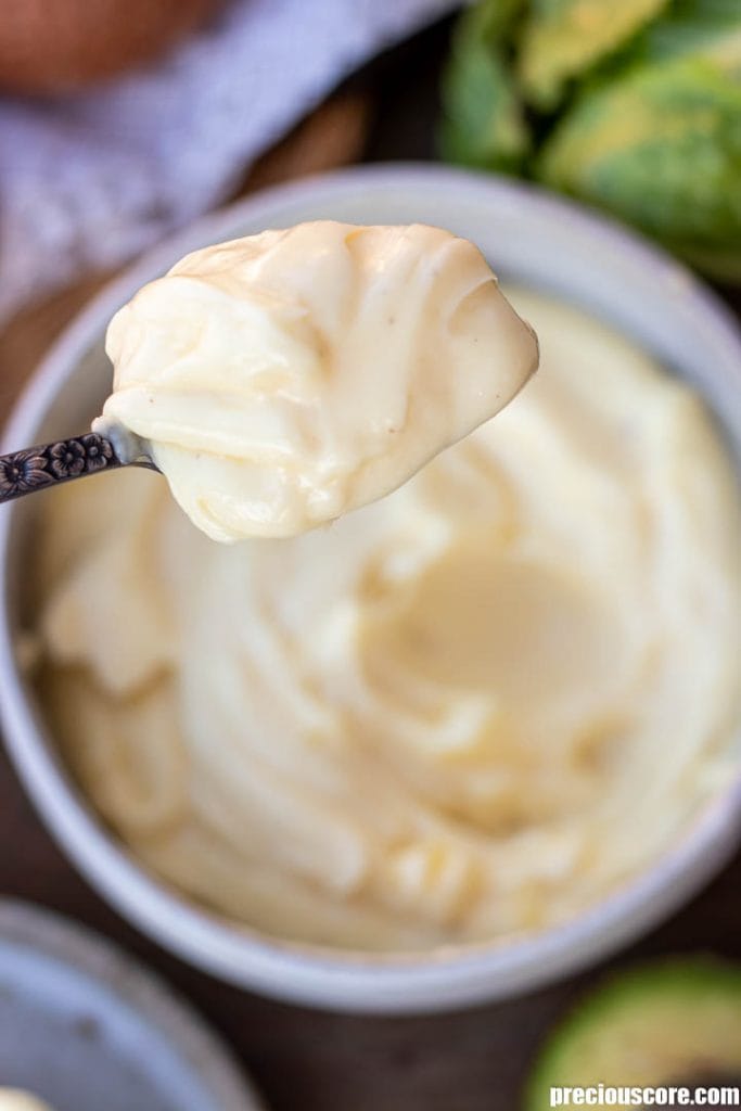 A spoonful of homemade mayonnaise 