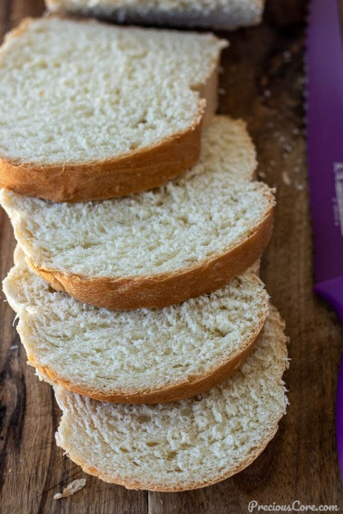 slices of homemade white bread on a chopping board