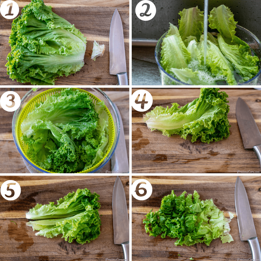 step but step photos showing how to cut lettuce for salad
