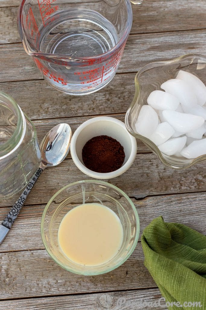 Condensed milk, instant coffee, ice and water