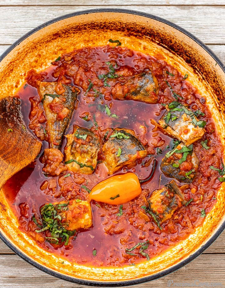 Tomato based fish stew in a saute pot