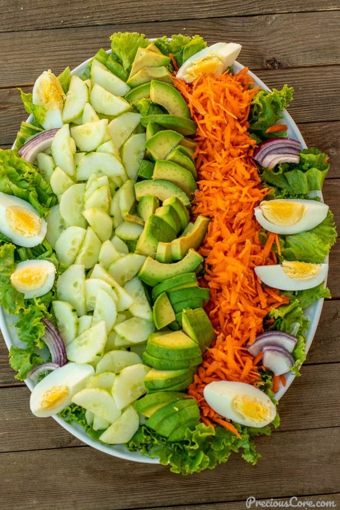 Vegetables for lettuce salad on a serving platter