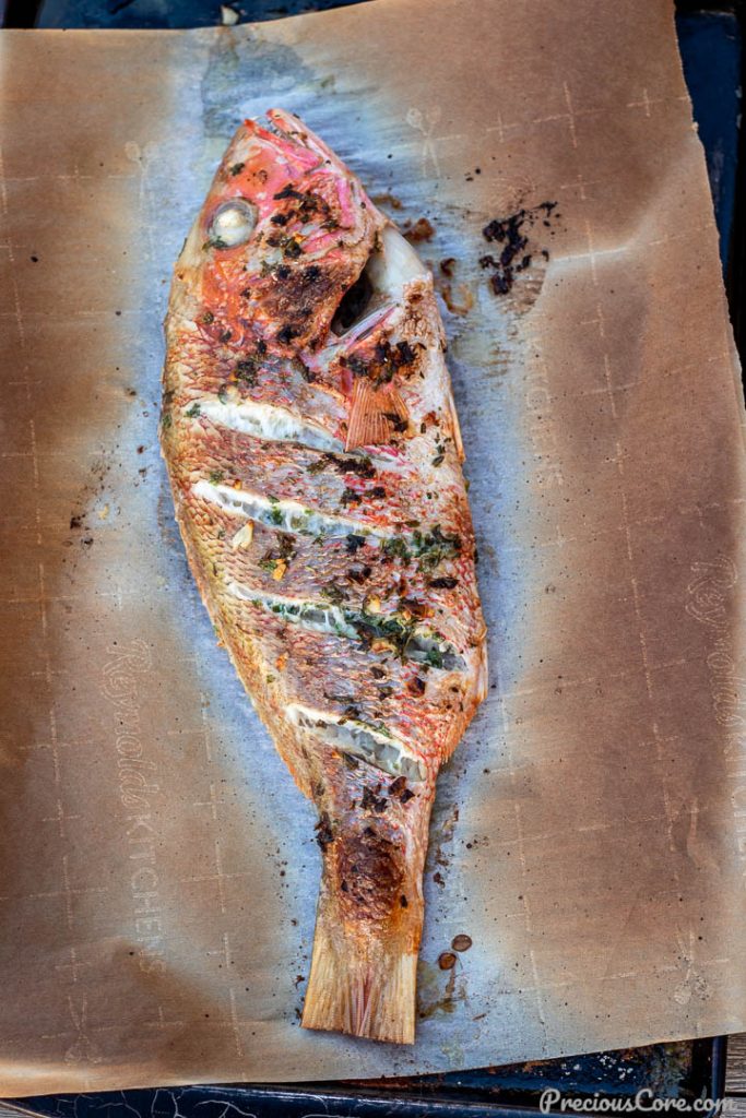 Oven Grilled Red Snapper on baking sheet
