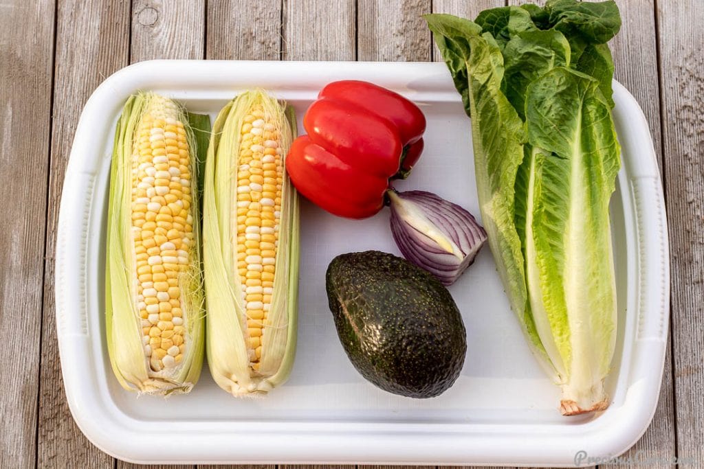 Corn on the cob, avocado, bell pepper, onion and romaine lettuce on a tray