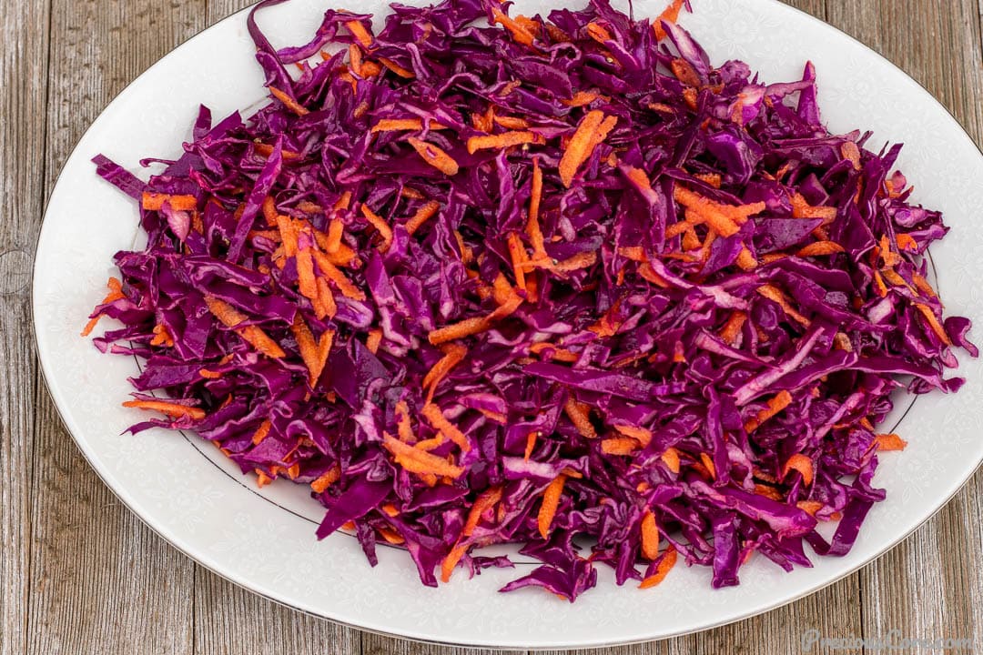 Cabbage slaw on a serving platter