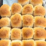Baked honey whole wheat dinner rolls on a baking sheet lined with parchment paper