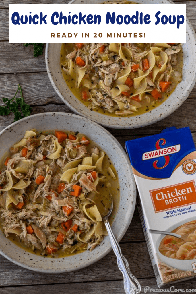 Quick chicken noodle soup in 2 bowls.