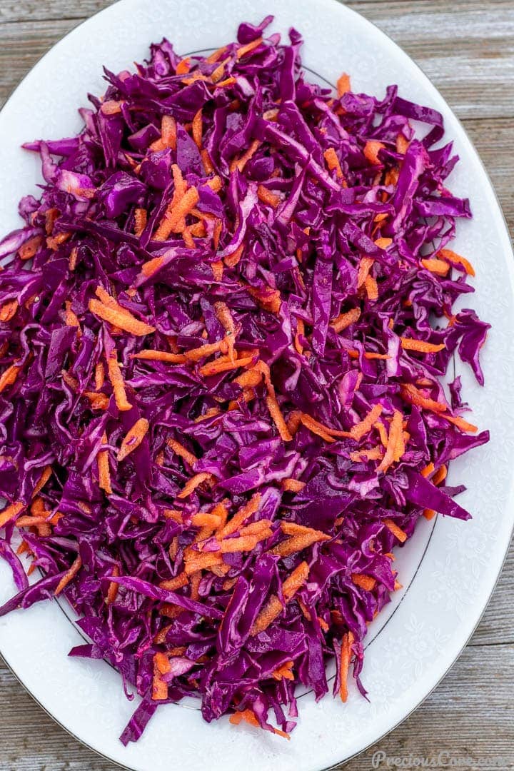 red cabbage slaw on a platter