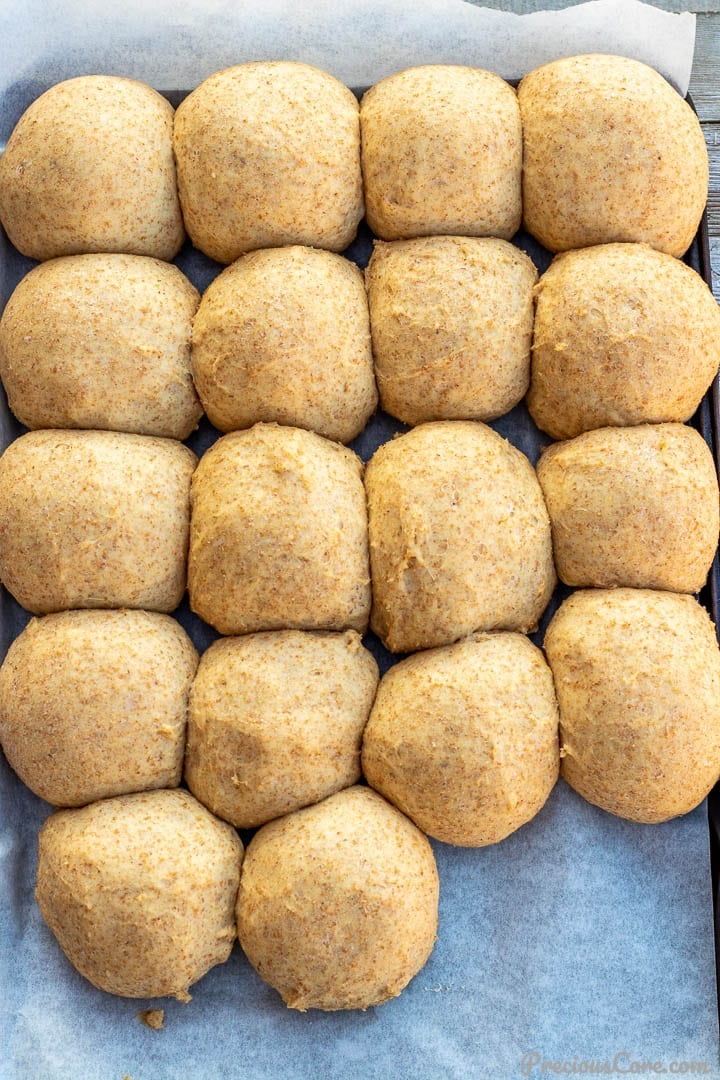 Raw unbaked dinner rolls on a baking sheet.