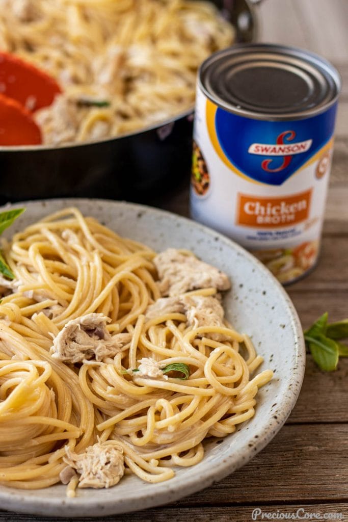 creamy spaghetti and chicken dinner in a bowl