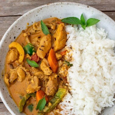 coconut curry chicken and rice in a bowl