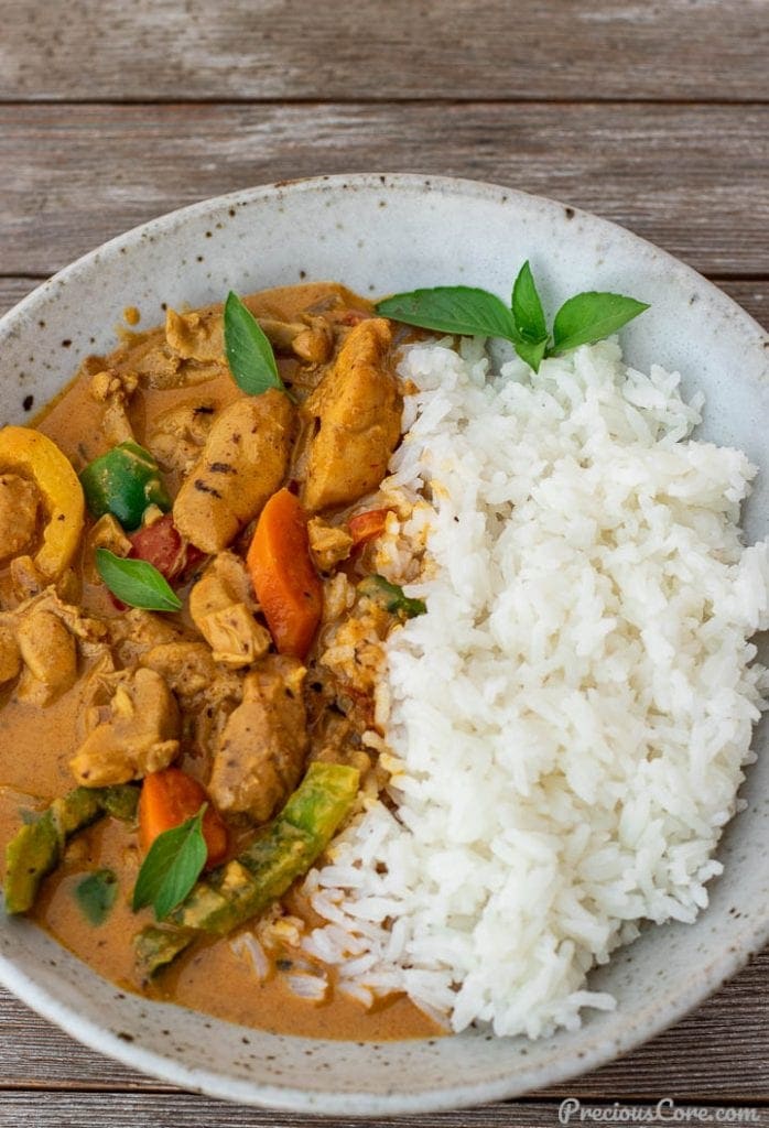 coconut curry chicken and rice in a bowl