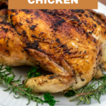 Picture of herb roasted chicken with text that says, "herb roasted chicken".